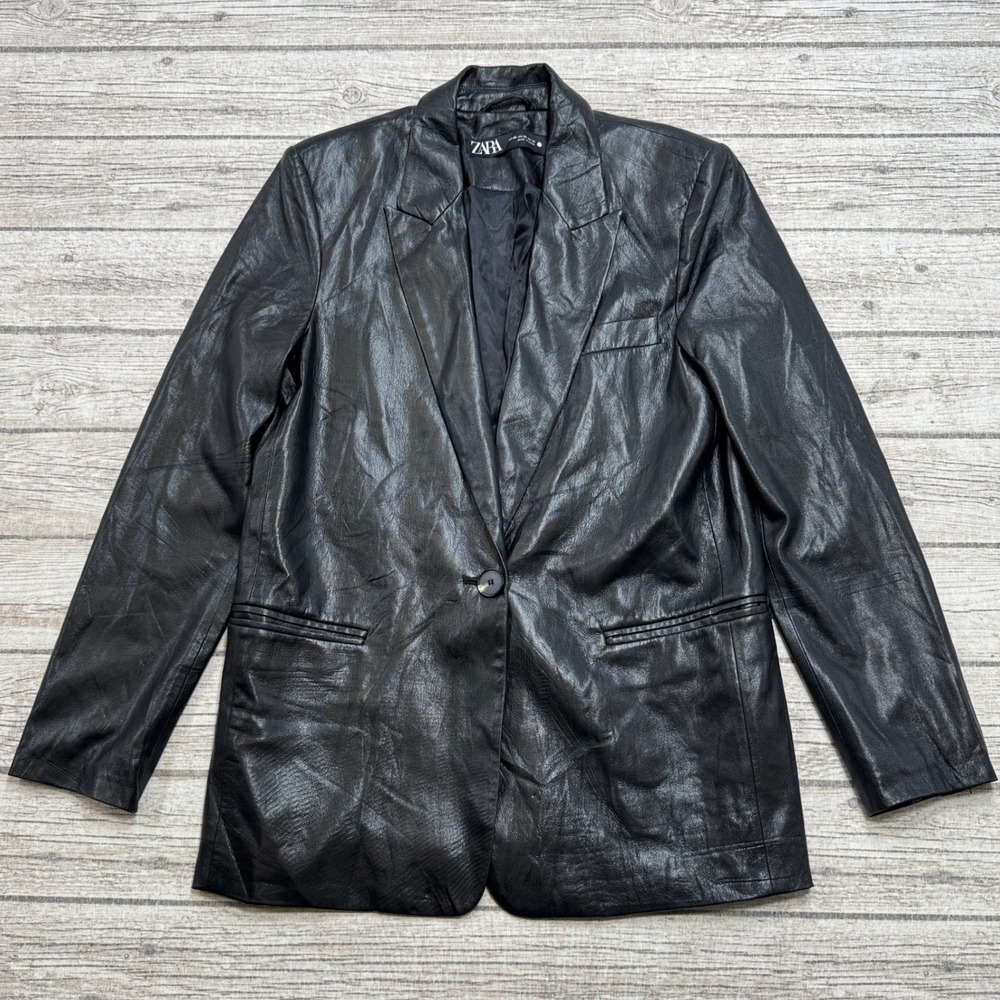 Zara Faux Leather Blazer Women's XS Black Notch Lapel Single Button Notch Lapel